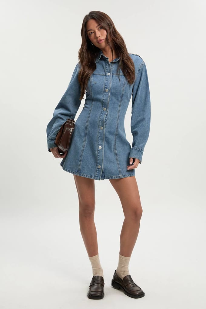 boohoo Dames Long Sleeve Cinched Waist Denim Dress | Medium Blauw | Maat: 42