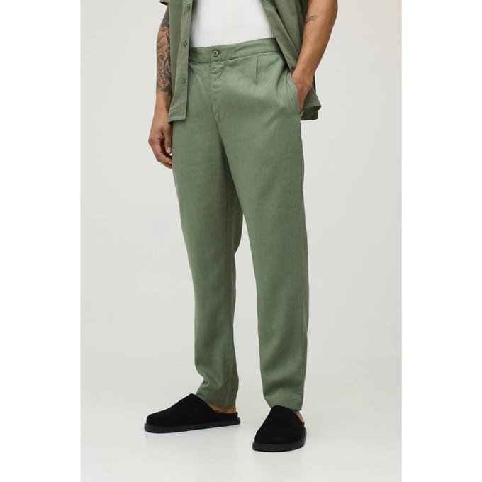 Slim Fit Half & Half Waist Linen Blend Trouser | Olive | Size Medium
