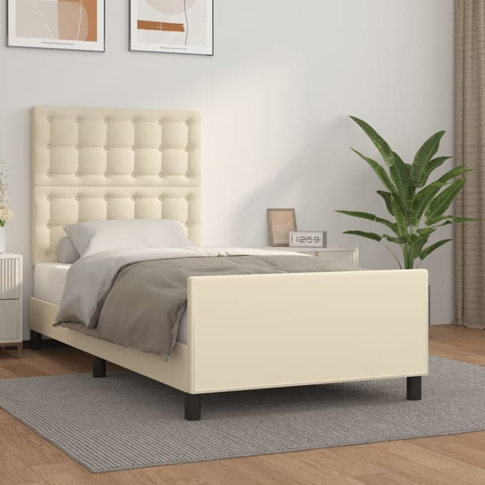 vidaXL - Bedframe - met - hoofdbord - kunstleer - crèmekleurig - 90x200 - cm