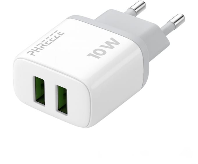 Dubbele usb stekker - 2 poorten - Gecertificeerde usb adapter - Oplader telefoon - Wit - Phreeze