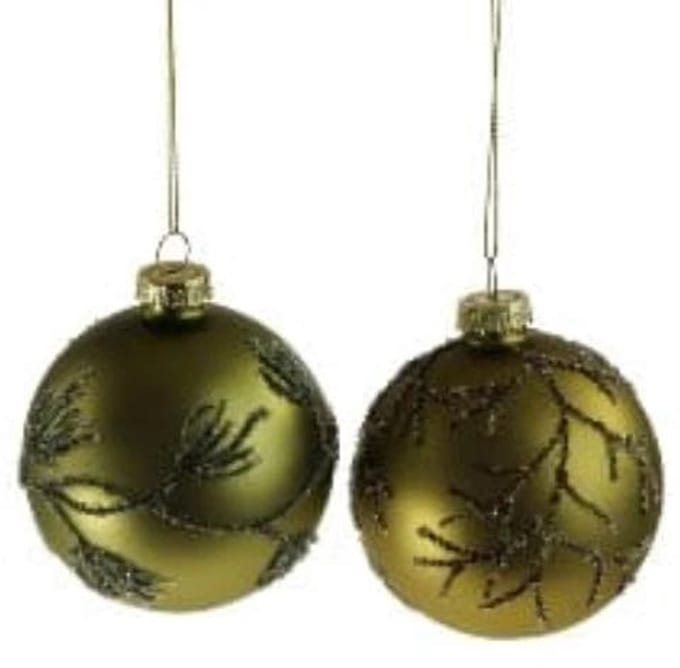 Kerstbal olijfgroen - glas - 8 cm - 2 stuks - Werner Voss