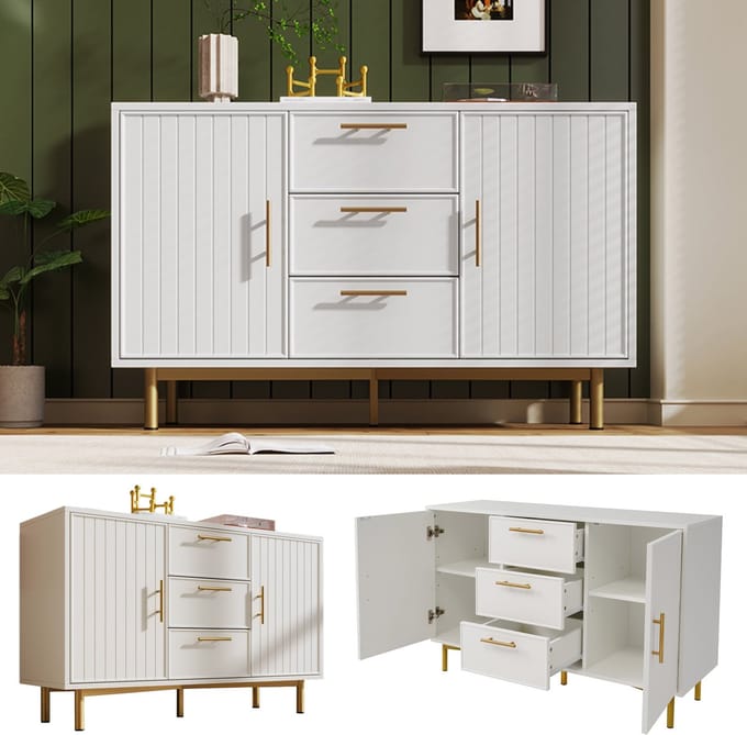 Ladenkast - H75xB120xD40 cm - 3 Laden + 2 Deuren - Verstelbare Planken - MDF - Wit