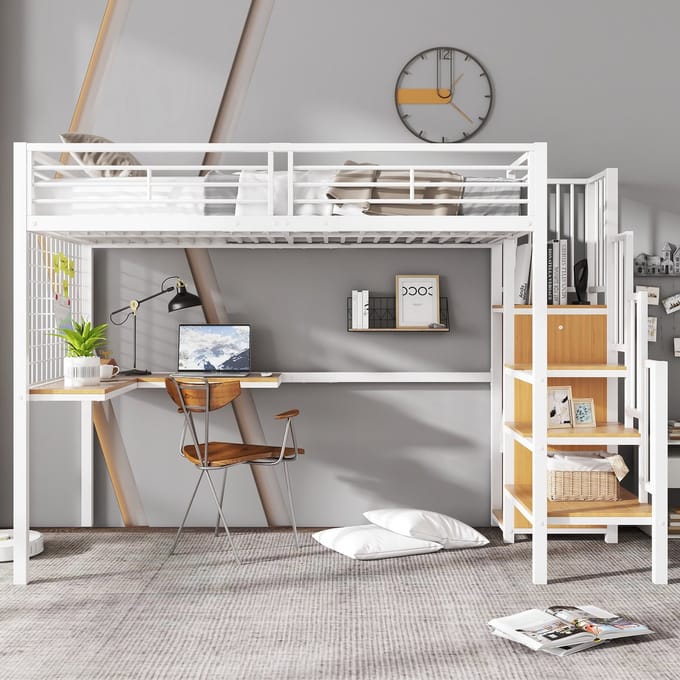 Sweiko Hoogslaper - 90x200cm - met Bureau + kledingkast - Ijzer+Spaanplaat - Wit