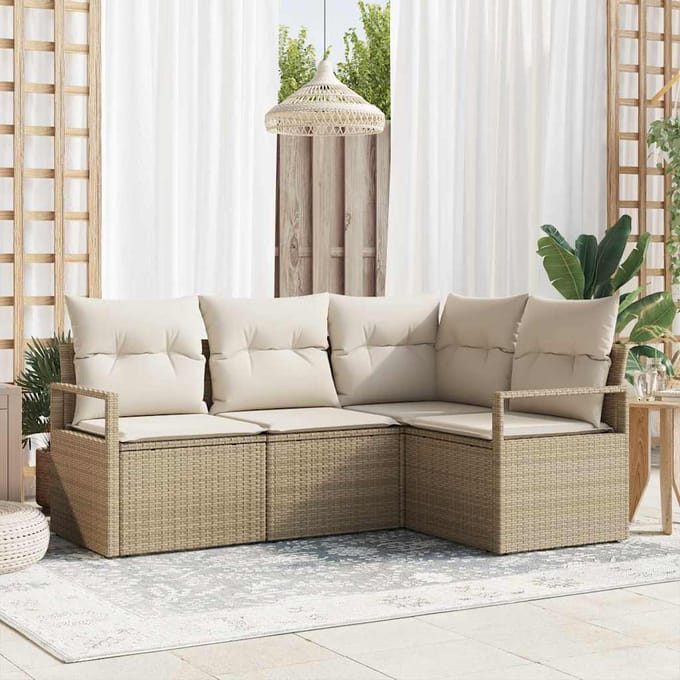 vidaXL Bankstel met kussen met opslag 4 pcs Beige en Crème poly rattan