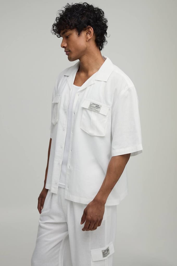 Linen Oversized Short Sleeve Cargo Shirt & Baggy Trouser Set | White | Size Medium