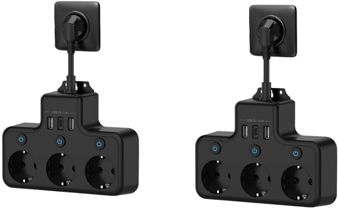 2 packs,3 Compartiment Socket -adapter Meerdere plug met schakelaar, distributiekern Socket, Socket -adapterwandmontage, Socket Strip met USB, afzonderlijk schakelbaar
