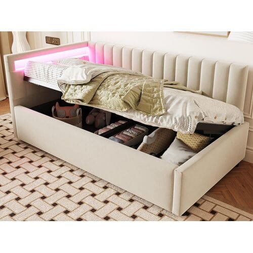 ModernLuxe 90x200cm opbergbed met LED - fluwelen stof - Beige