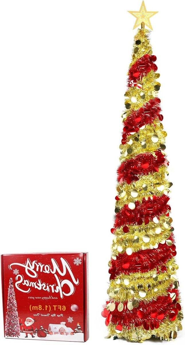 Kerstboom 180cm - Vouwbaar - Goud Rood Tinsel - Perfect voor elk interieur - SnelShoppen