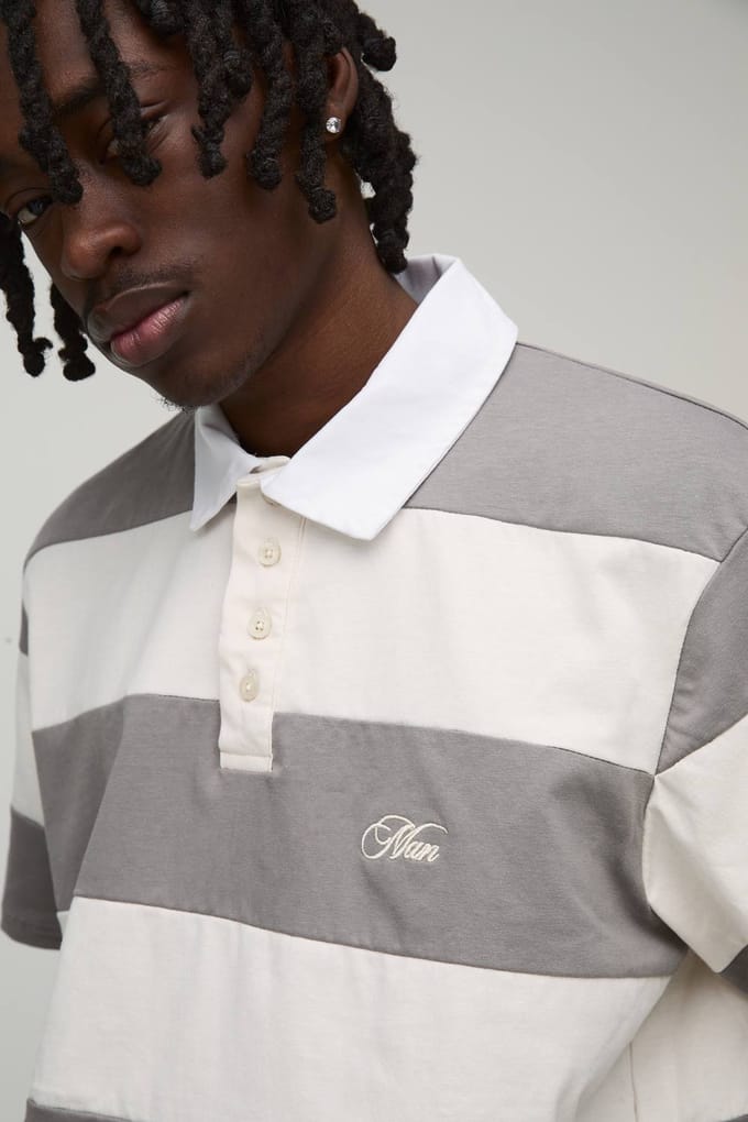 Regular Fit Korte Mouw Geborduurd Gestreept Rugby Polo | Grey | Size Large