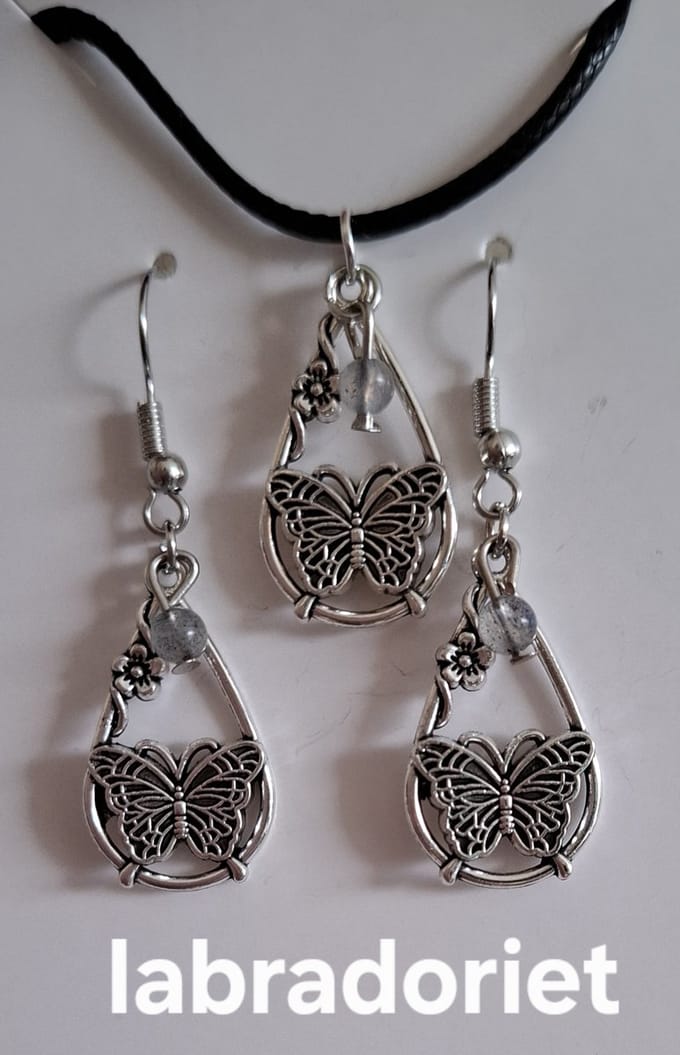 Set Labradoriet Ketting / Oorbellen Waterdruppel / Vlinder