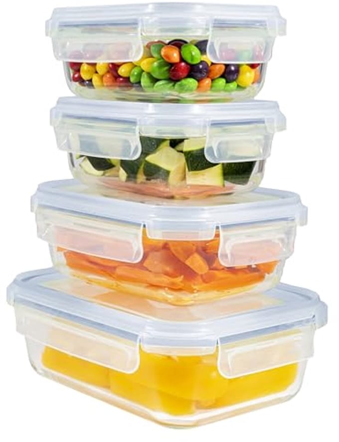 Dailygoods- Vershoudbakjes Glas - Ruimtebesparend - Set van 4 - Geschikt voor Magnetron/Vriezer - Luchtdicht - Voedselopslag Container