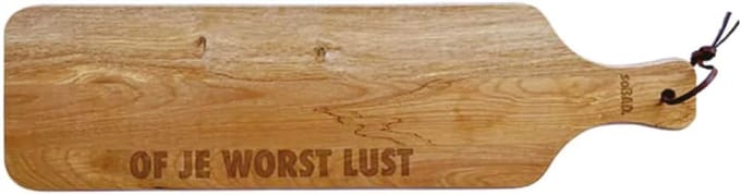 Borrelplank - Serveerschaal Hapjes - Tapas Presenteren - Grappige Tekst Gravure - 50x14x1.5cm - Natuurlijk Hout
