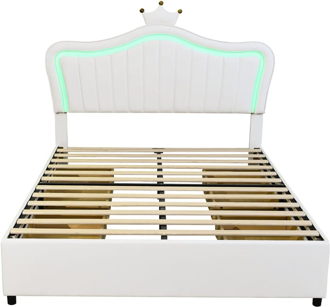 REDOM ledikant 140x200 cm – PU wit – Kroonvormig hoofdbord, 4 opberglades, LED – Schelpdesign