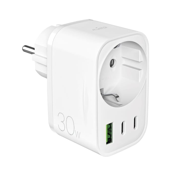 Puro 30W Power Delivery Charger with Schuko Plug and Socket 2x USB-C + 1x USB-A - White