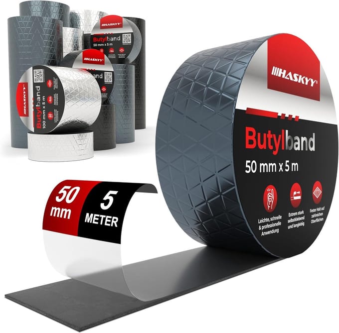 Waterdicht butylband 50 mm x 5 m, hoogwaardig zelfklevend