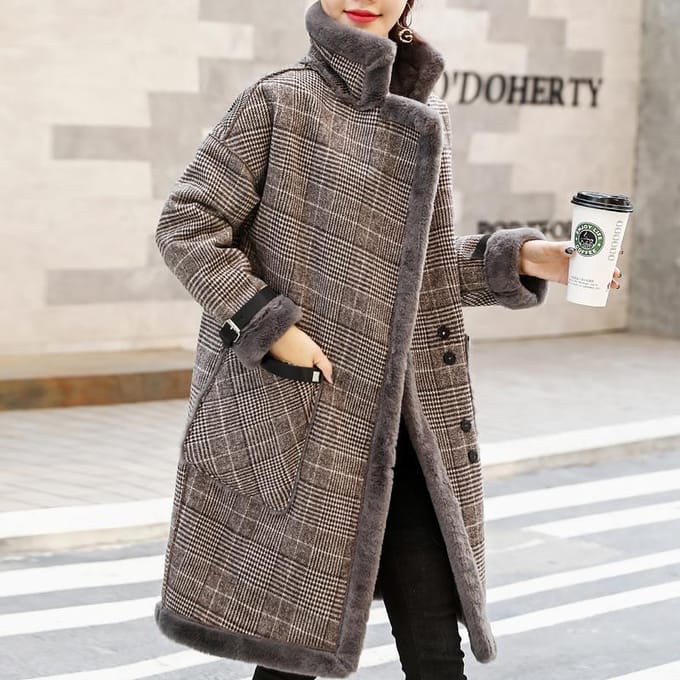 Manteau mi-long en fausse fourrure d'agneau pour femme, automne et hiver, petit manteau à carreaux, manteau en laine S gray