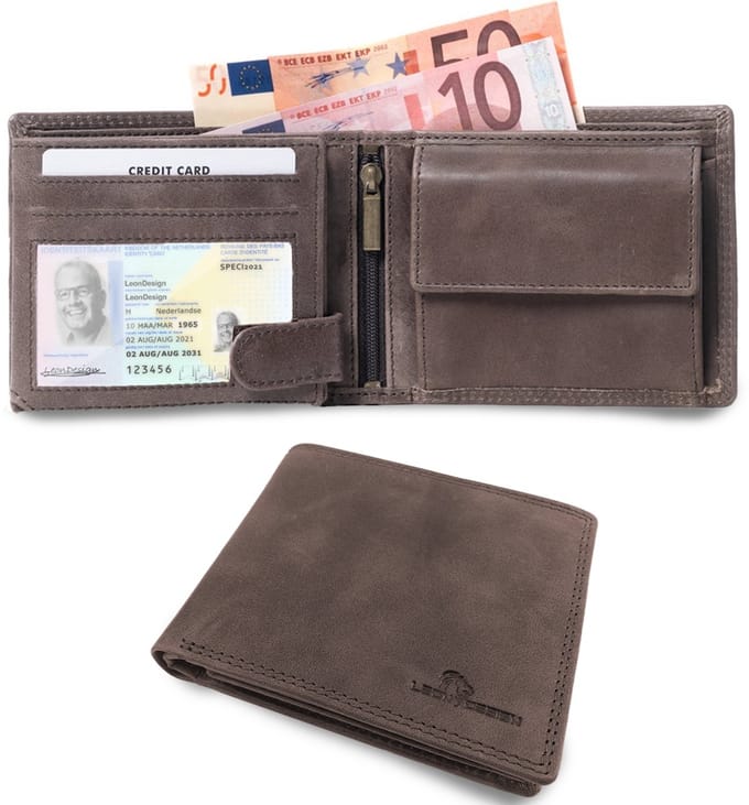 LeonDesign - Portemonnee heren - Billfold - Luxe bruin leer - Veel opbergruimte & ruimte voor 12 pasjes