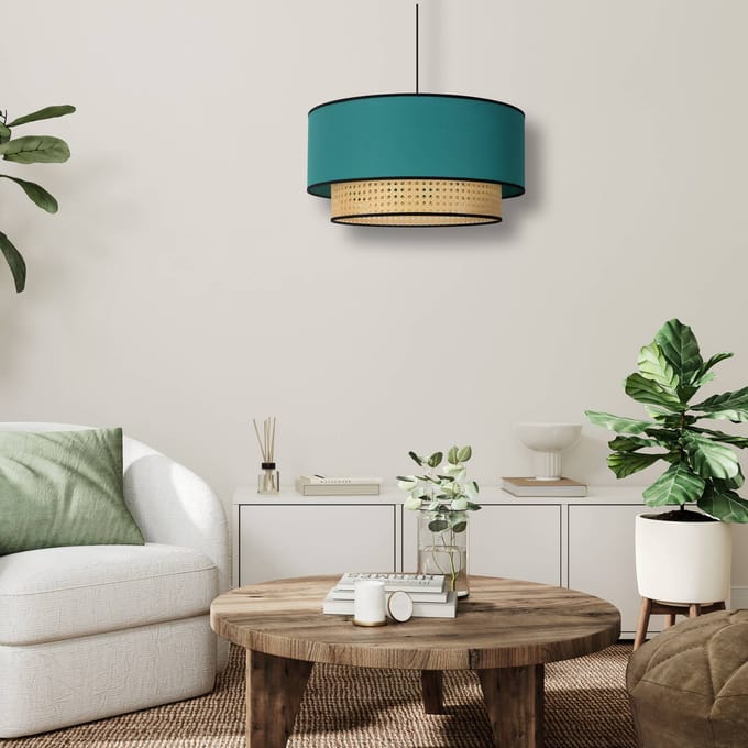 Duolla Boho-hanglamp, petrol/hout, Ø 45 cm, textiel/rotan