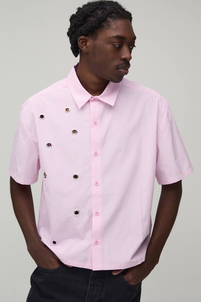 Oversized Boxy Shirt Met Korte Mouwen, Streeppatroon En Oogjesdetail | Pink | Size Medium