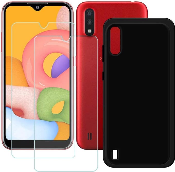 Silicone hoesje zwart met 2 Pack Tempered glas Screen Protector Geschikt voor: Samsung Galaxy A10