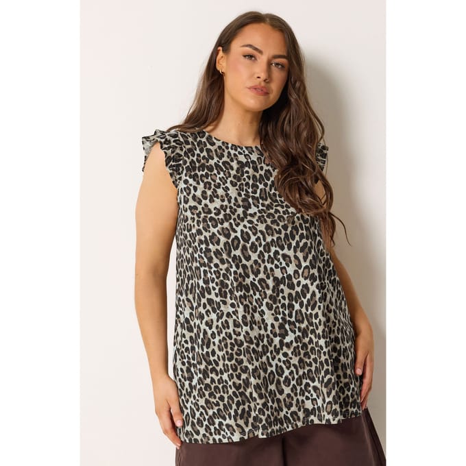 Yours Bruin Vestje Met Luipaardprint En Ruches Aan De Mouwen Size 44