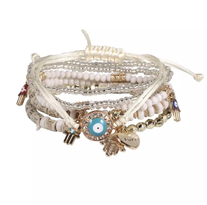 Jomide Armbandjes Boho Eye - Beige/Wit - 6 stuks