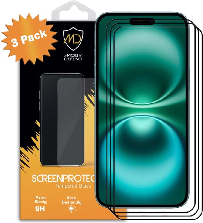 3-Pack MobyDefend Screenprotectors - Geschikt voor iPhone 16 Plus - Screensavers Met Zwarte Randen - Gehard Glas