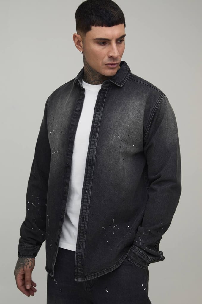 Lang Regular Fit Spray Gewassen Verf Spetter Denim Overhemd | Washed Charcoal | Size Medium
