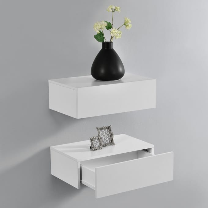 Wandplank met lade set van 2 zwevend 46x30x15 cm wit mat