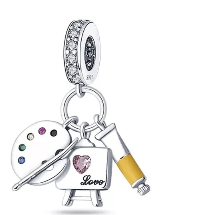 Schilder bedel – 925 Sterling Zilver – Palet, Penseel, Verftube en Schilderijtje met Love - RomyStones