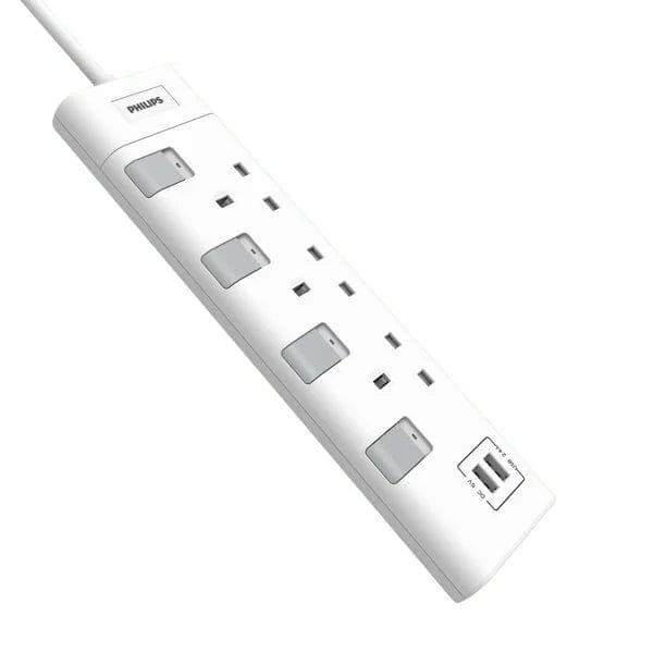 Philips 3-weg Stekkerdoos 230V – 2 Meter Kabel – 3 Stopcontacten – Wit – Veilige Verlengstekker