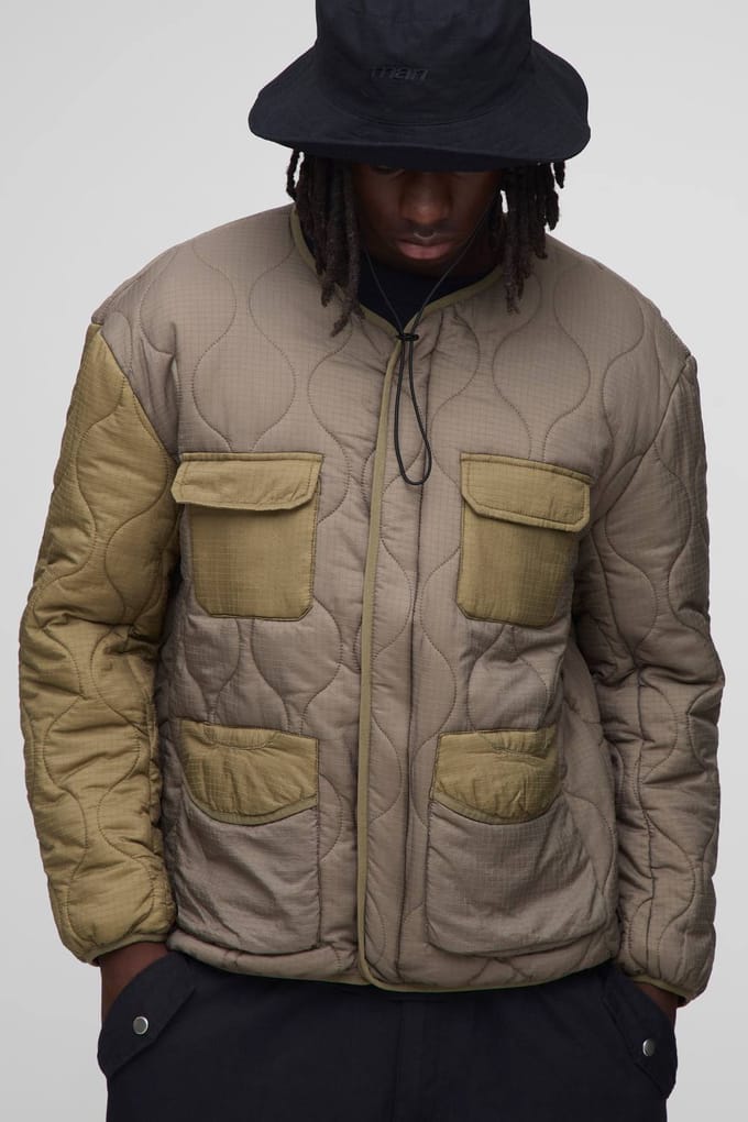 Regular Fit Kraagloze Gewatteerde Ripstop Colour Block Binnenvoering Jas | Olive | Size Medium
