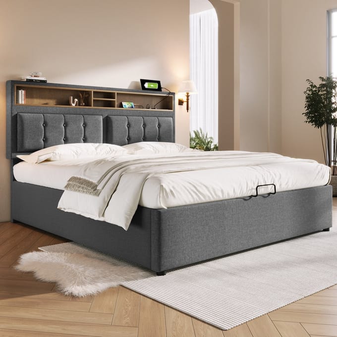 REDOM Opbergbed 140x200 cm van linnen – Met verstelbaar hoofdbord, USB/Type-C en hydraulisch – Grijs