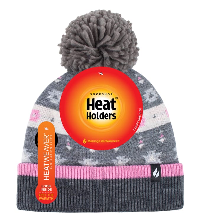 Heat Holders - Dames Thermische Winter Pom Pom Muts - Roze / Grijs