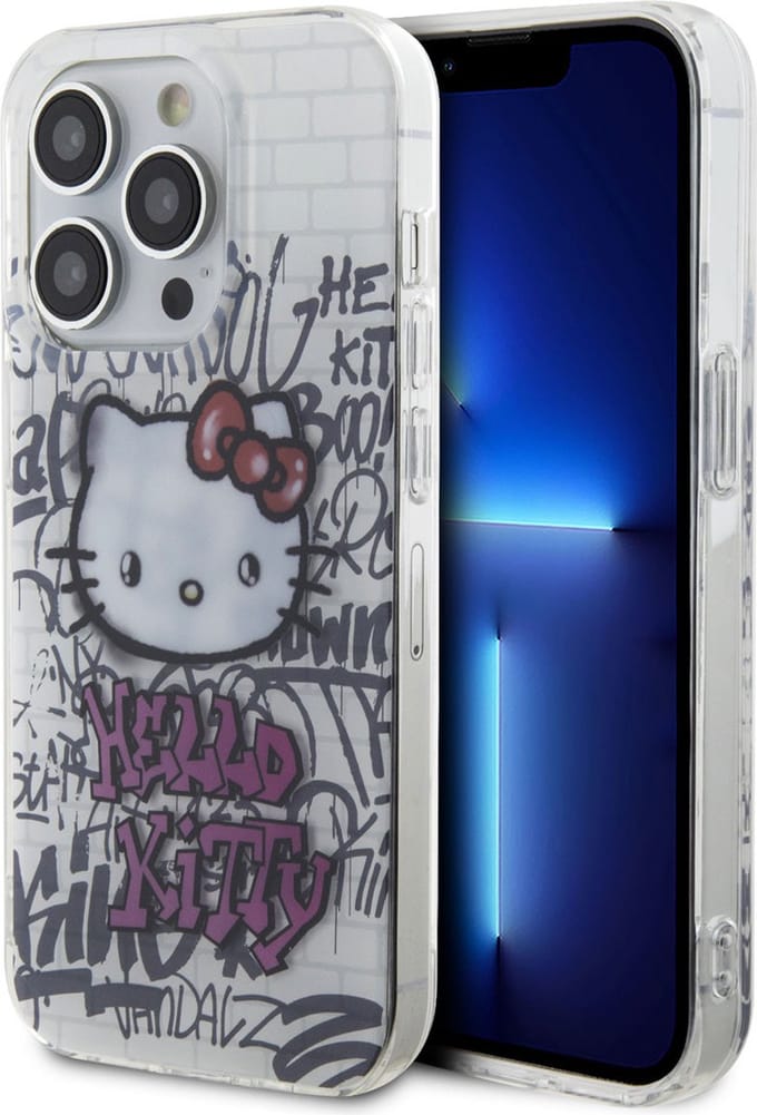 Hello Kitty iPhone 15 Pro TPU Back Cover hoesje - Graffiti Kitty on bricks - Wit