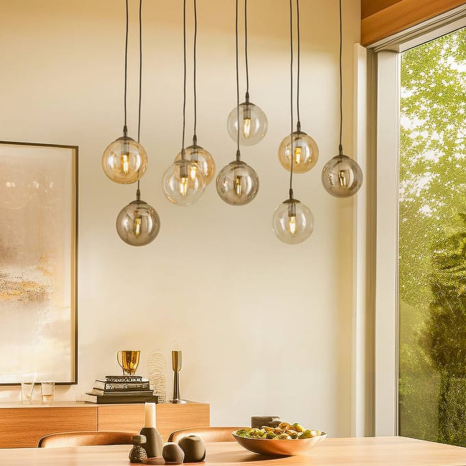EMIBIG LIGHTING Hanglamp Glassy, 9-lamps, zwart, grafiet/amber/helder, E14
