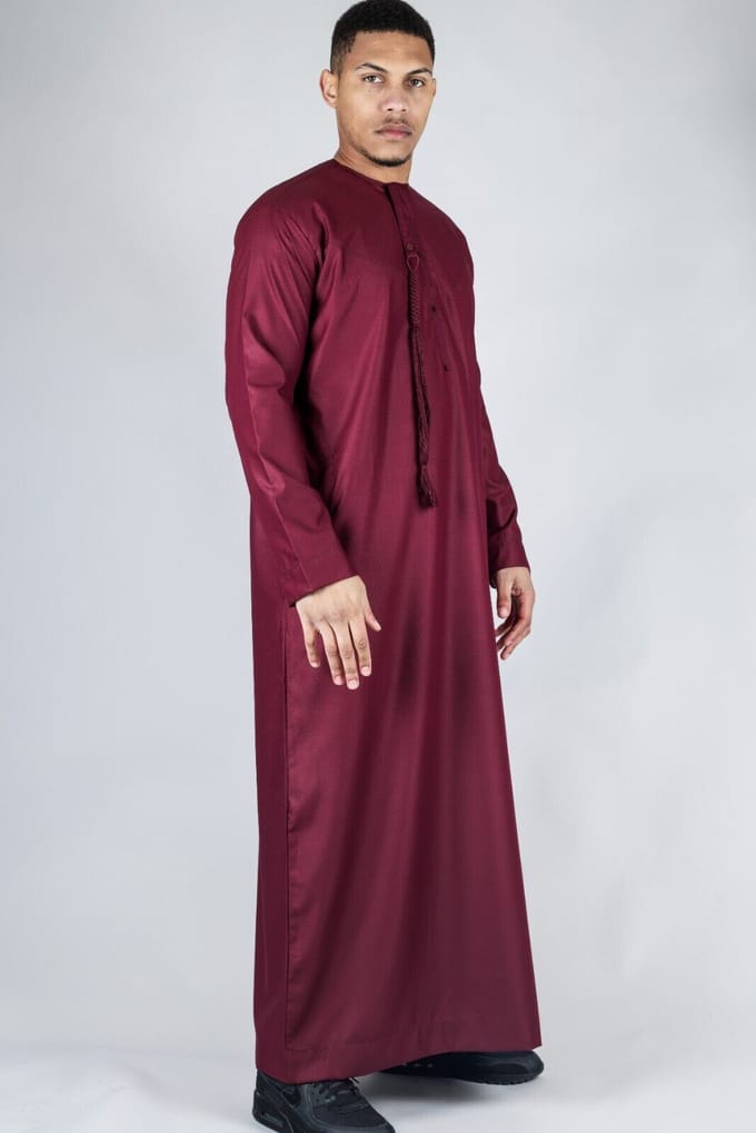 Heren Rode Thobe Emirati Islamitische Jubba Robe Eid Tassel Regular Fit