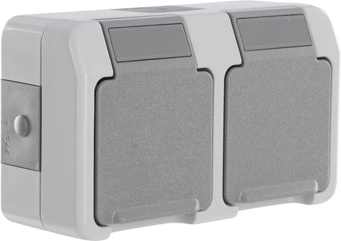 Merten Aquastar contactdoos - spatwaterdicht - opbouw - 2-voudig - randaarde - horizontaal - IP44 - grijs