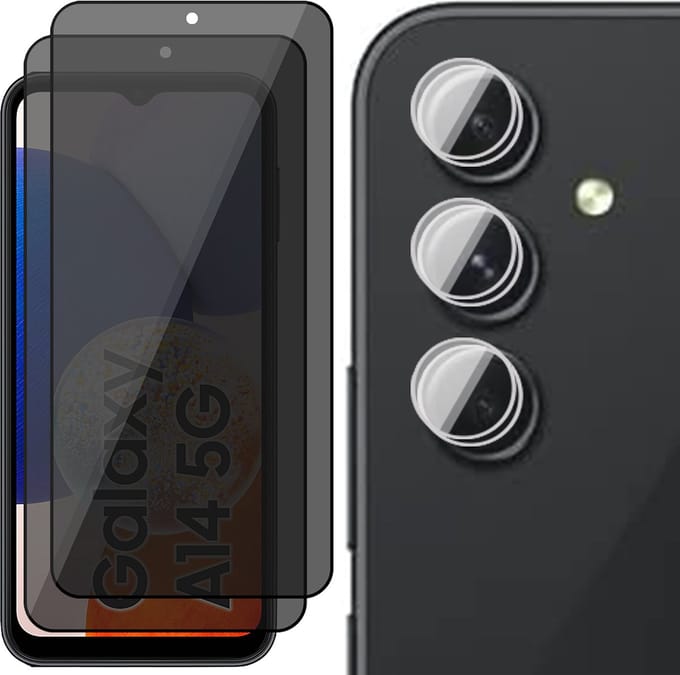 Privacy Screenprotector geschikt voor Samsung Galaxy A14 - 2x Camera Lens Screen Protector & 2x Glas Screen Protector FullGuard