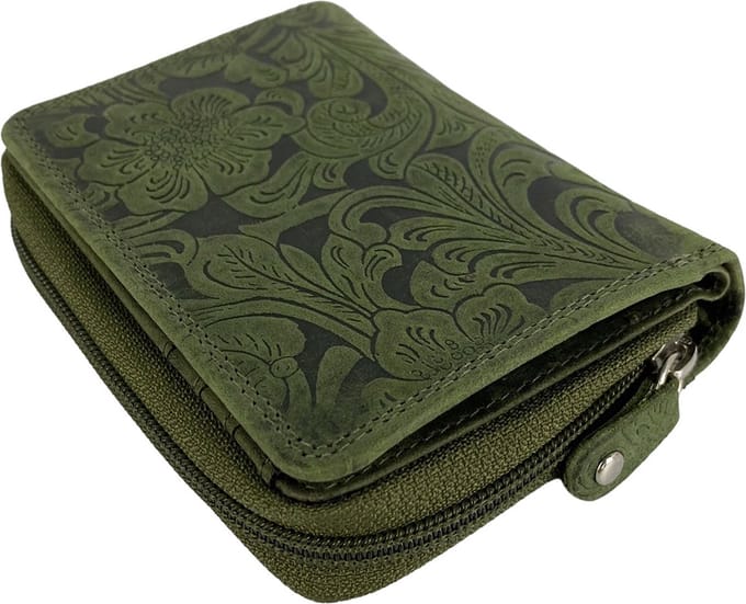 Portemonnee Dames - Buffelleer - Leer - RFID - Bloemenprint - Groen - Arrigo