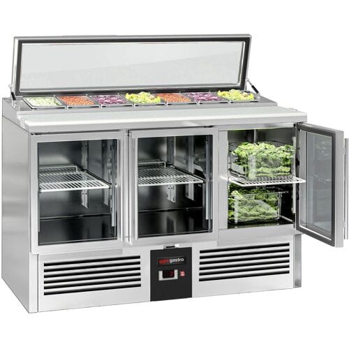 GGM Gastro Saladette PREMIUM - 1365mm - 3 glazen deuren - met glazen afdekking voor 7x GN 1/3 zilver