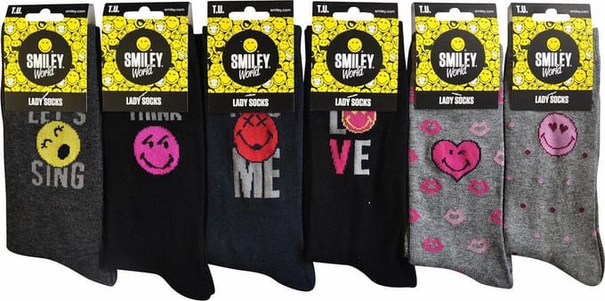Smiley sokken voor dames - 6 paar leuke kousen met print - One Size - ideaal als geschenk