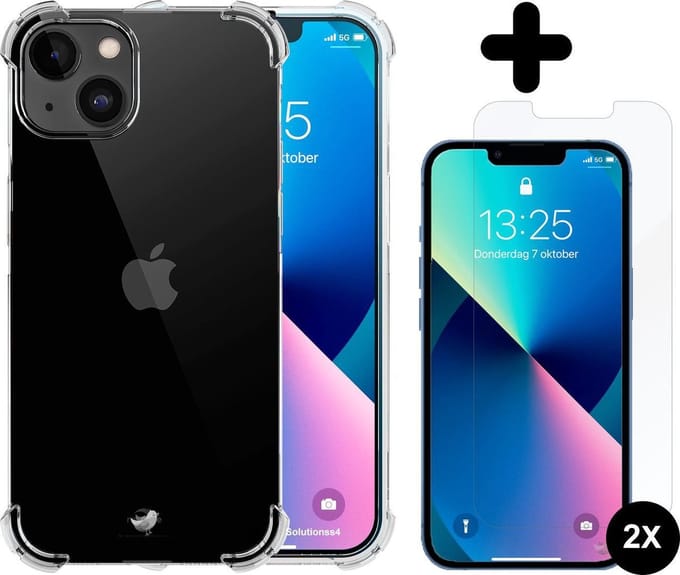Hoesje geschikt voor iPhone 13 Mini case transparant - 2x screen protector - extra sterk beschermglas