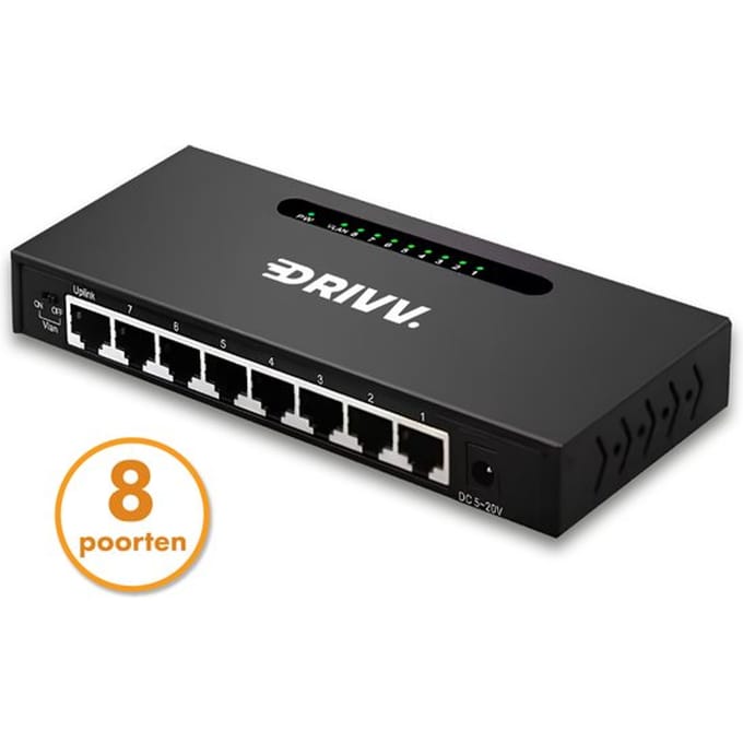 Drivv. Netwerk Switch - 8 Poorten - Internet Switch - RJ45 splitter - zwart