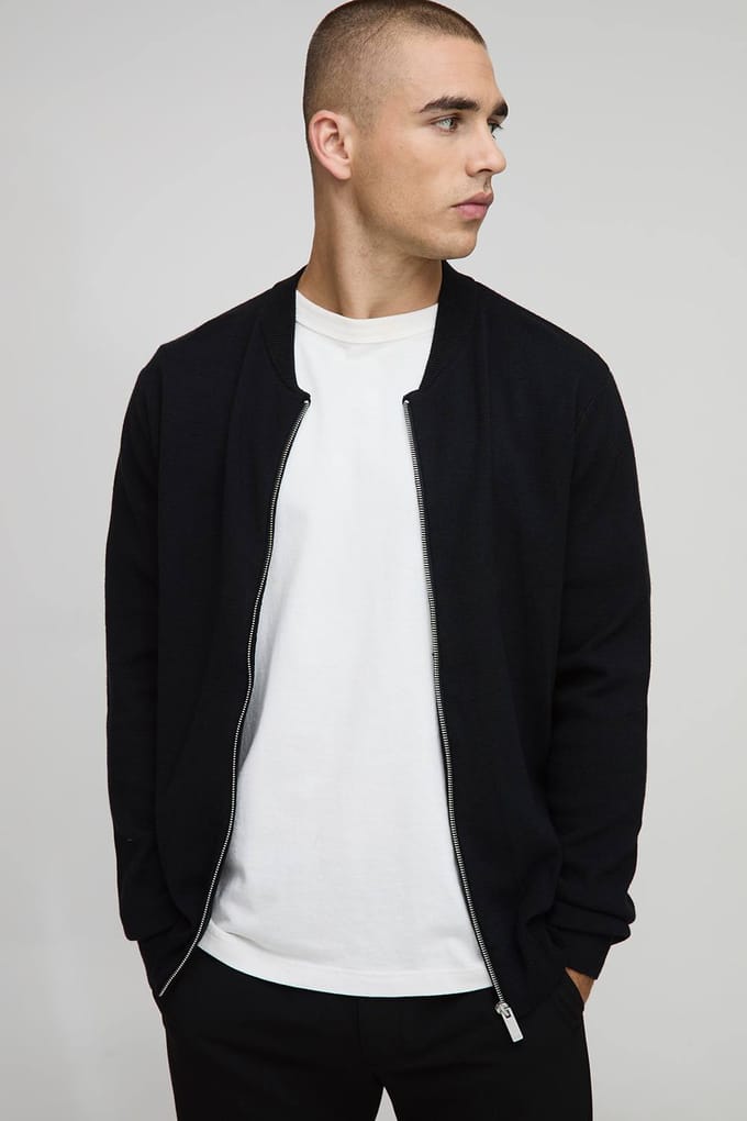 Regular Fit Smart Knitted Bomber Jacket | Black | Size Small