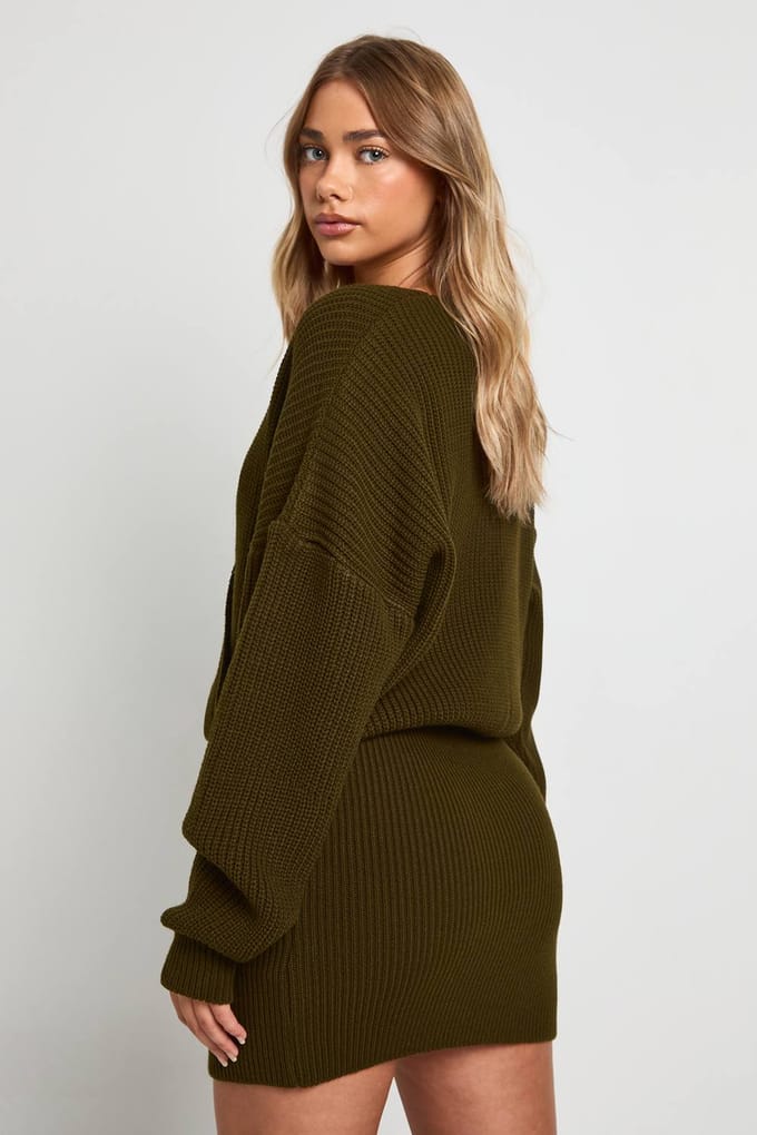 boohoo Dames Gebreide mini-jurk met wikkelvoorkant | Khaki | Maat: Small