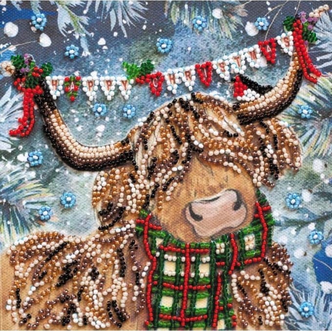 Borduurpakket met parels - kralen - KERSTBUFFEL - ABRIS ART - 15 x 15 cm
