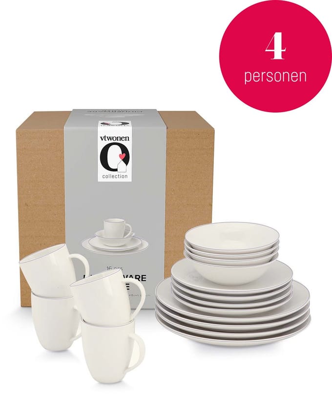 vtwonen Diner serviesset - Line - Ontbijtbord, Dinerbord, Ontbijtkom en Mok - Wit - 4 Persoons set