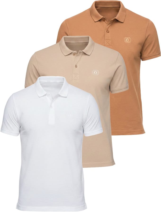 OMBRE Polo - Regular Fit - Katoen - Korte Mouw Wit / Asgrijs / Lichtbruin S