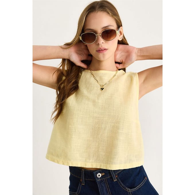 Linnenmix Korte Mouwen Crewneck Blouse